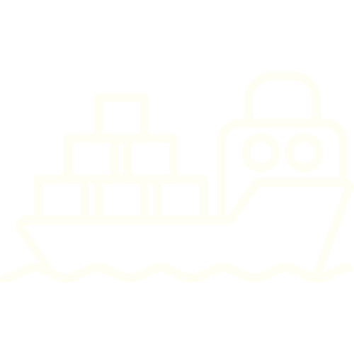 Line drawing of a cargo ship with containers and a lighthouse in black and white.