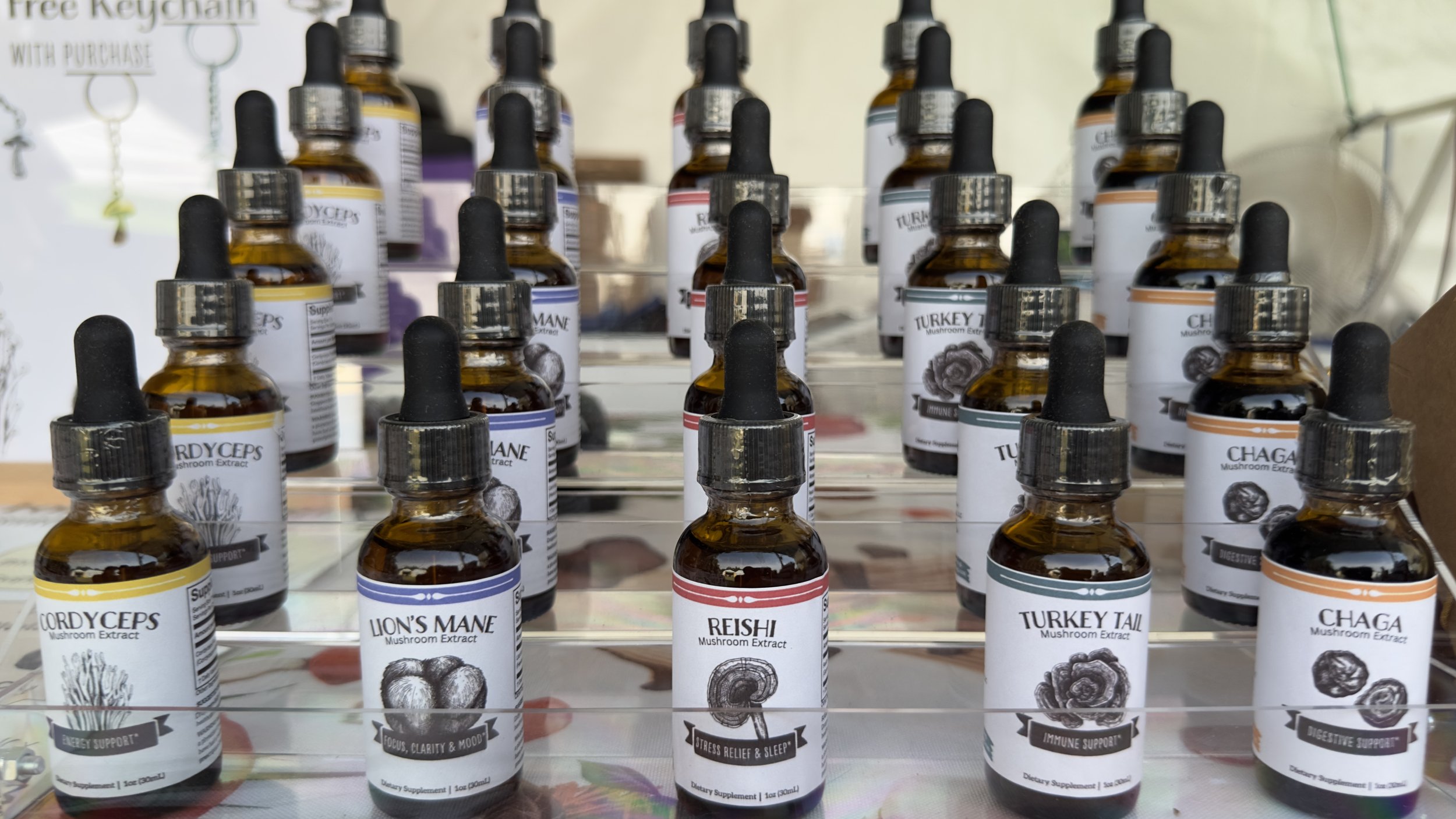 Multiple small brown glass bottles with dropper caps arranged on a metal display shelf, each labeled with different mushroom extract names and benefits.