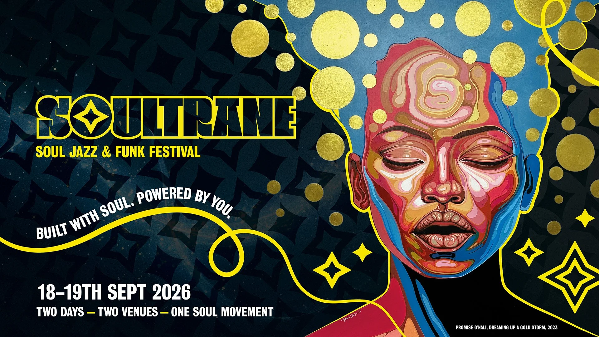 Colorful poster for Soulirane Soul Jazz and Funk Festival 2026, featuring a stylized portrait of a person with closed eyes, watercolors, and abstract elements in vibrant colors, along with event details.