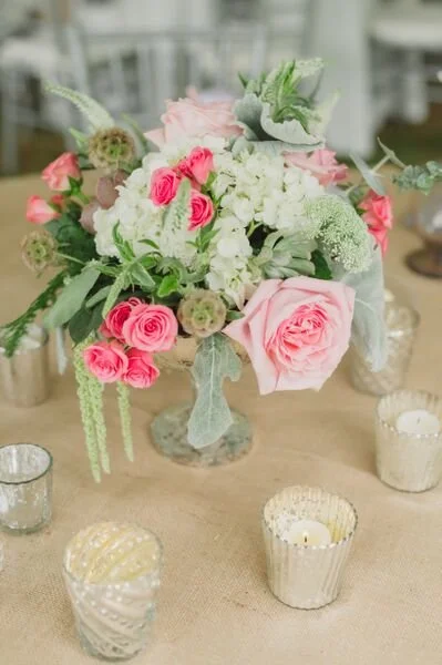 pink white and green wedding reception centerpiece