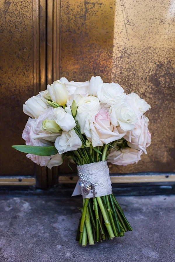 pink white and green bridal bouquet