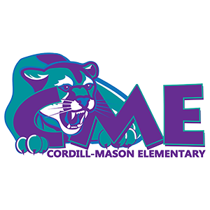 Logo of Cordill-Mason Elementary School featuring a purple and teal panther head and the text 'CME' with the school name.