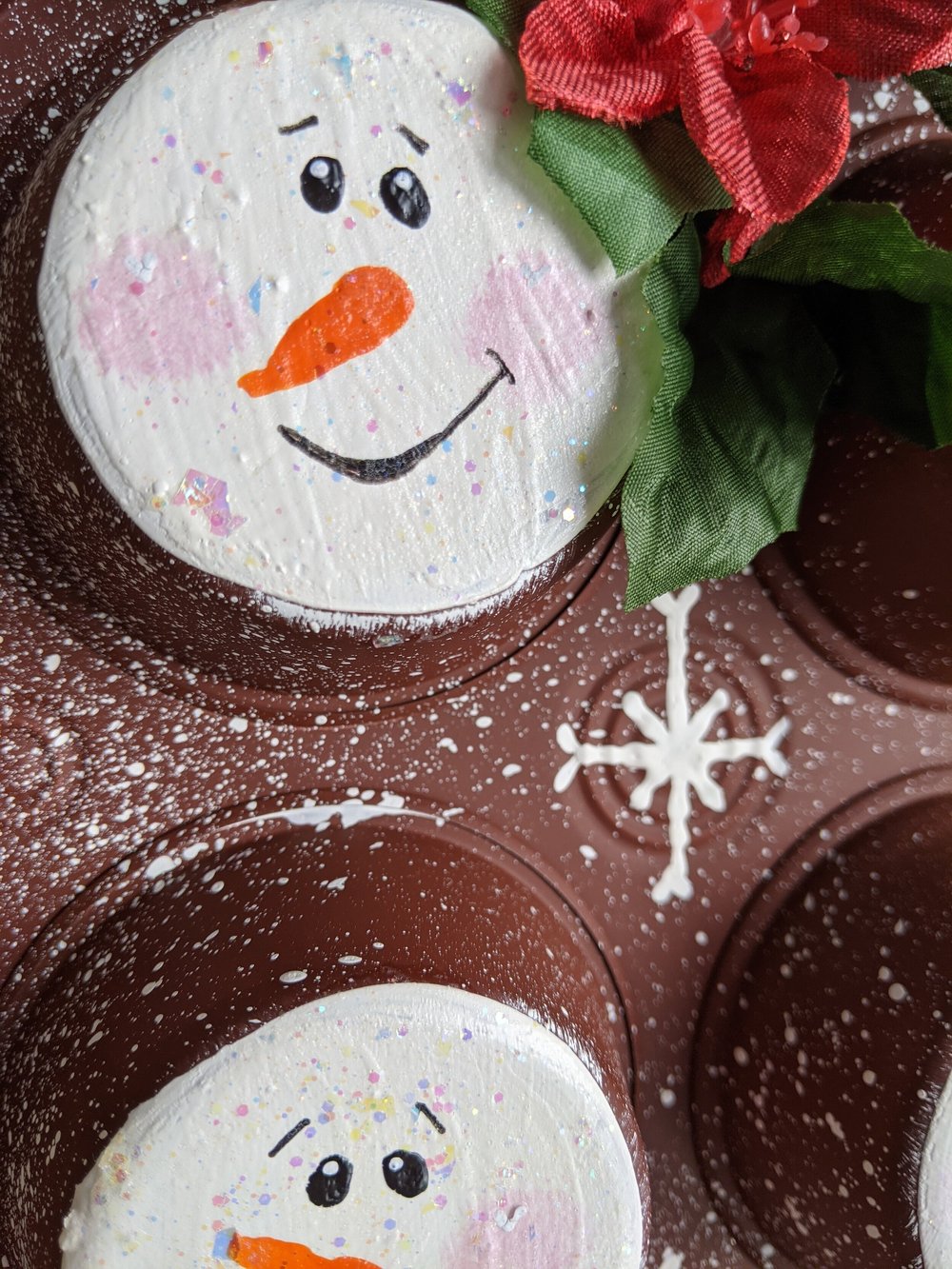Decorative Snowman Prim Muffin Tin with Red Poinsettia Accent — Glimmerbug  Handmade Art