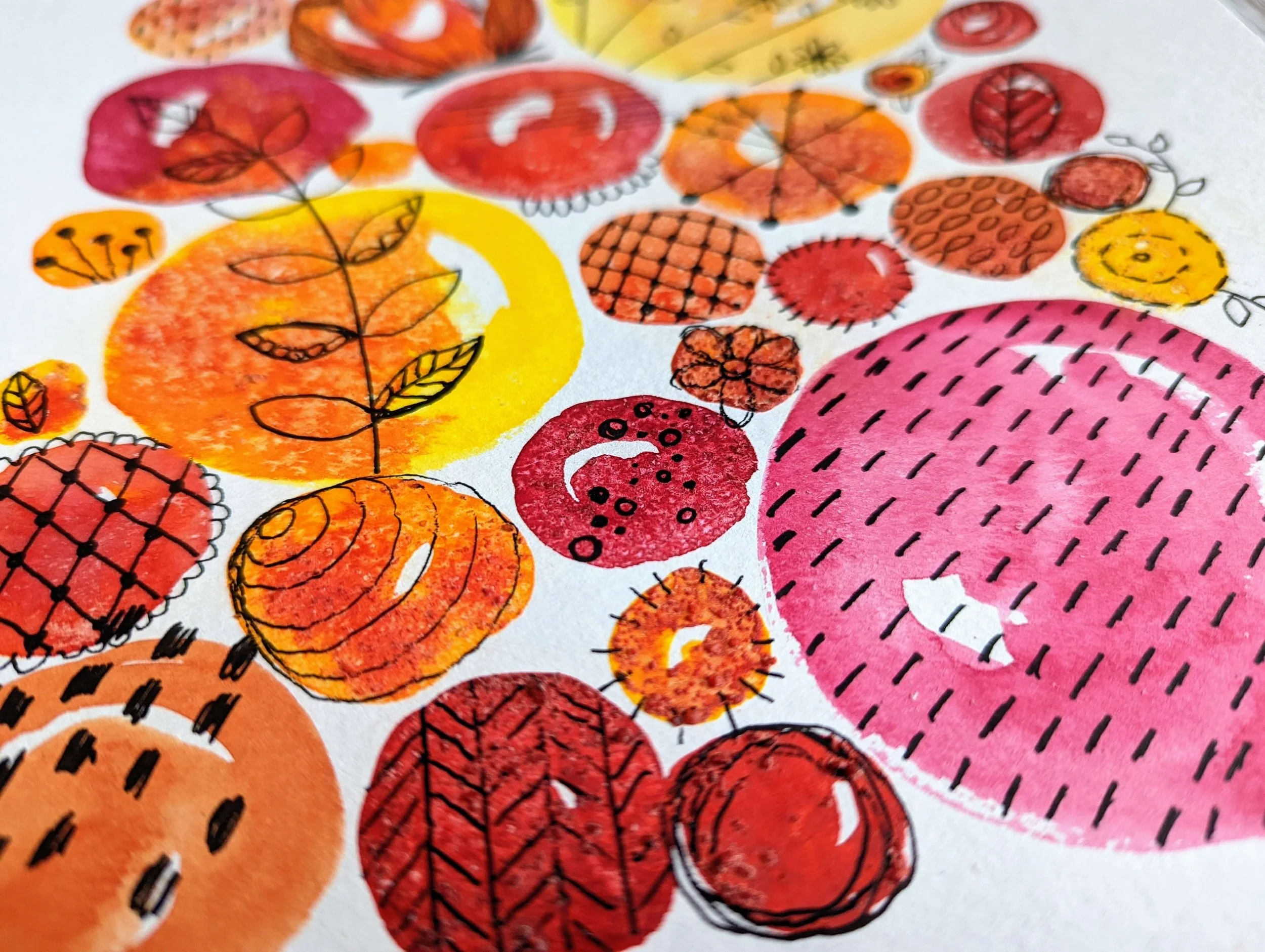 Colorful abstract watercolor and ink illustrations of various round shapes and leaves.