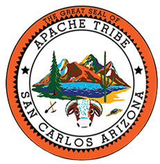 Seal of the Apache Tribe, featuring mountains, a river, trees, a bison skull, and the text 'The Great Seal of the Apache Tribe, San Carlos Arizona'
