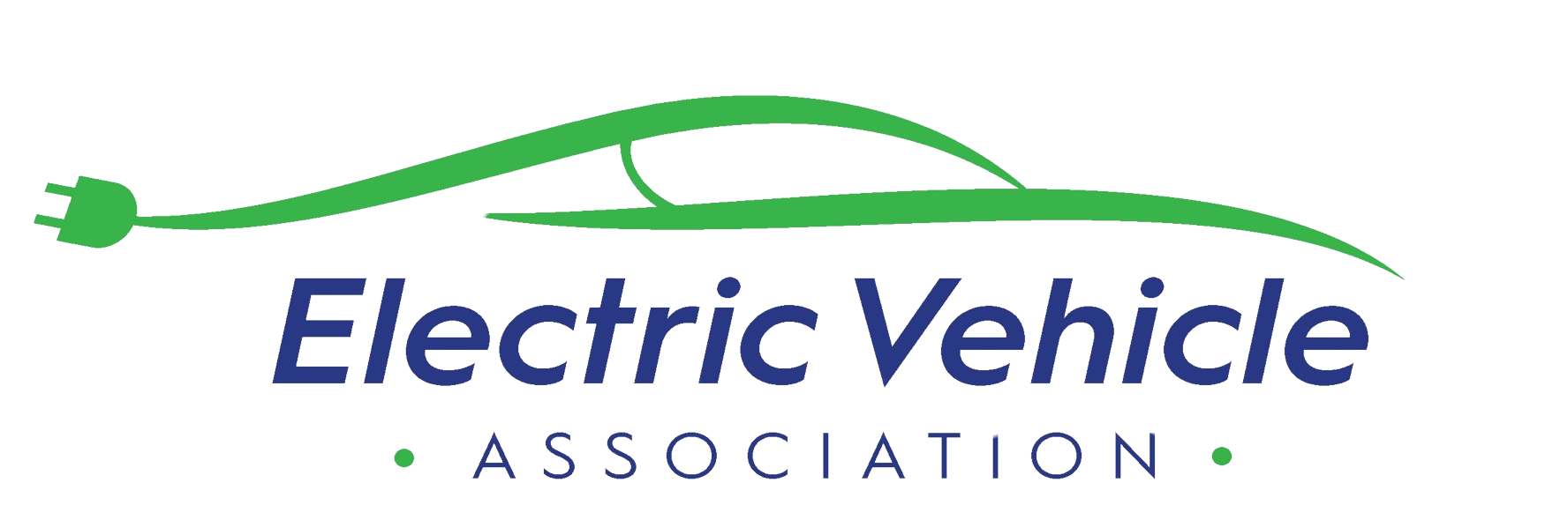 Logo of Electric Vehicle Association featuring an illustration of a green electric car with a plug connecting to it, and the text "Electric Vehicle Association".