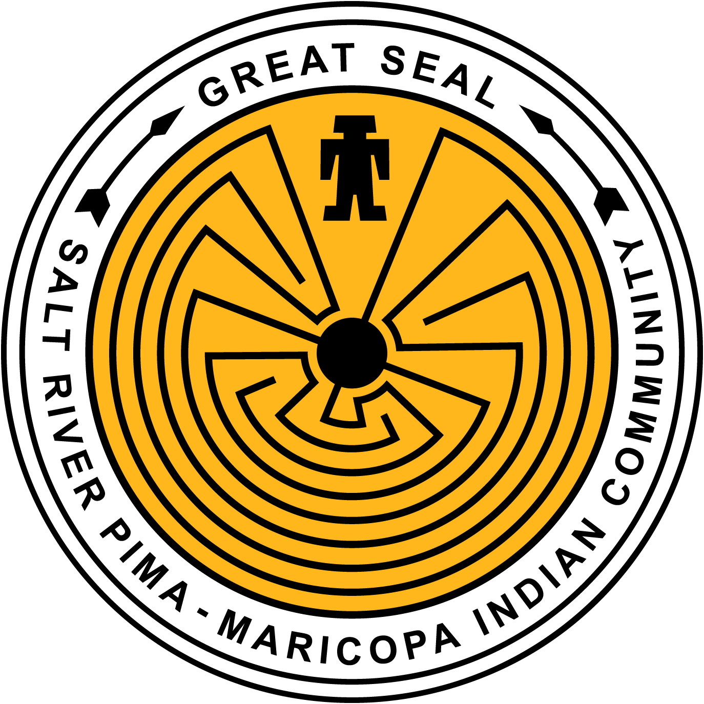 Seal of the Great Seal of the State of Maricopa, Indiana, featuring a wheel with black spokes on a yellow background, surrounded by white and black rings with the text 'GREAT SEAL', 'STATE RIVERS', 'MARICOPA INDIAN C' and 'PIMA-MARICOPA INDIAN'. a small black human figure is at the top of the wheel.