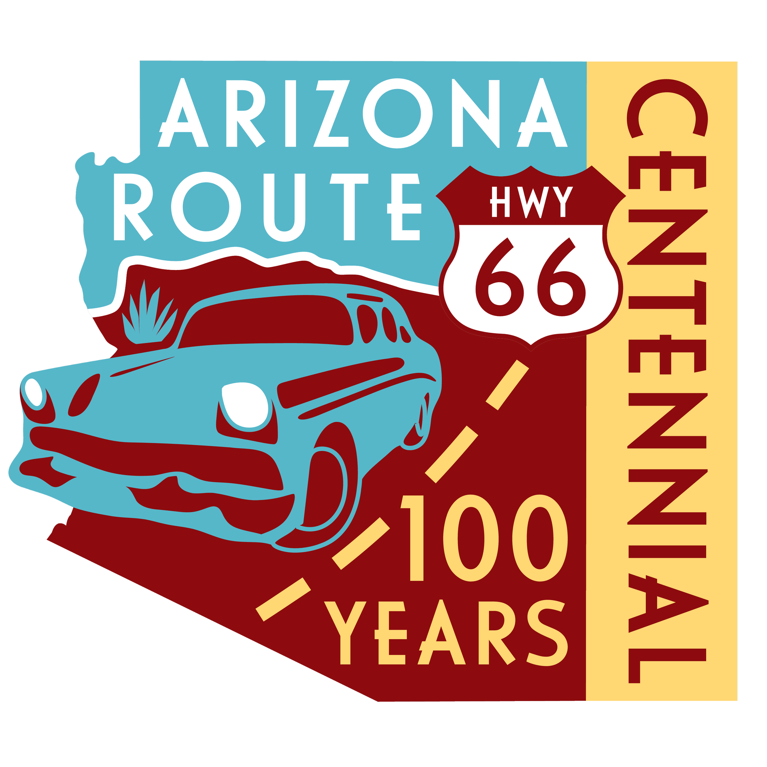 Stylized Route 66 shield with a car and desert landscape, featuring text 'Arizona Route 66' and 'Celebrating 100 Years'.