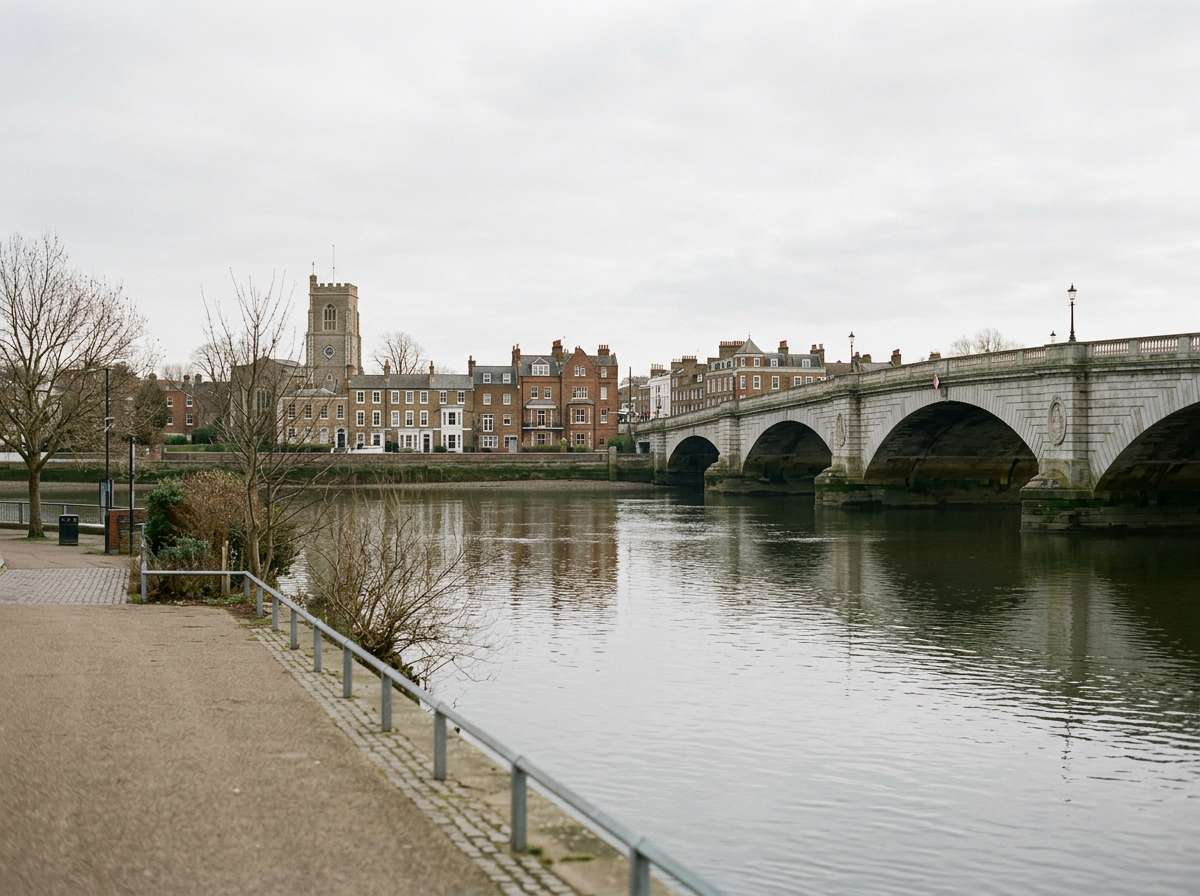 View of the river Thames with a bridge, buildings, and a church tower in the background on an overcast day.