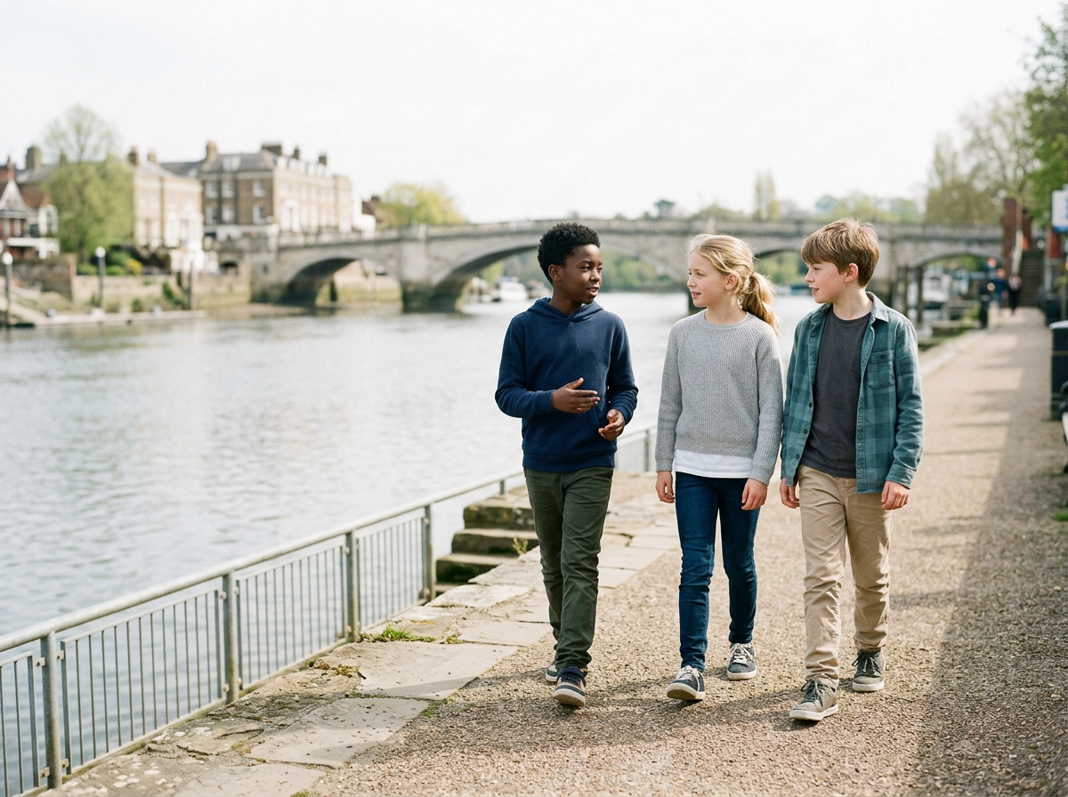 Three 11 year old children walking and talking along a riverfront path in Hammersmith on a cloudy day, with a stone arch bridge and historic buildings in the background.
