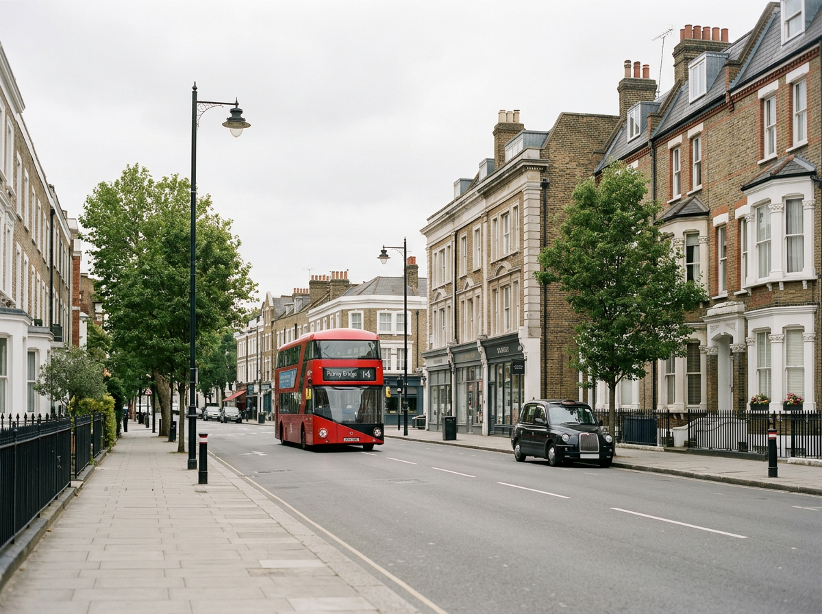 A street scene in a London with Victorian-style buildings, a red double-decker bus, a black taxi, and trees lining the path.