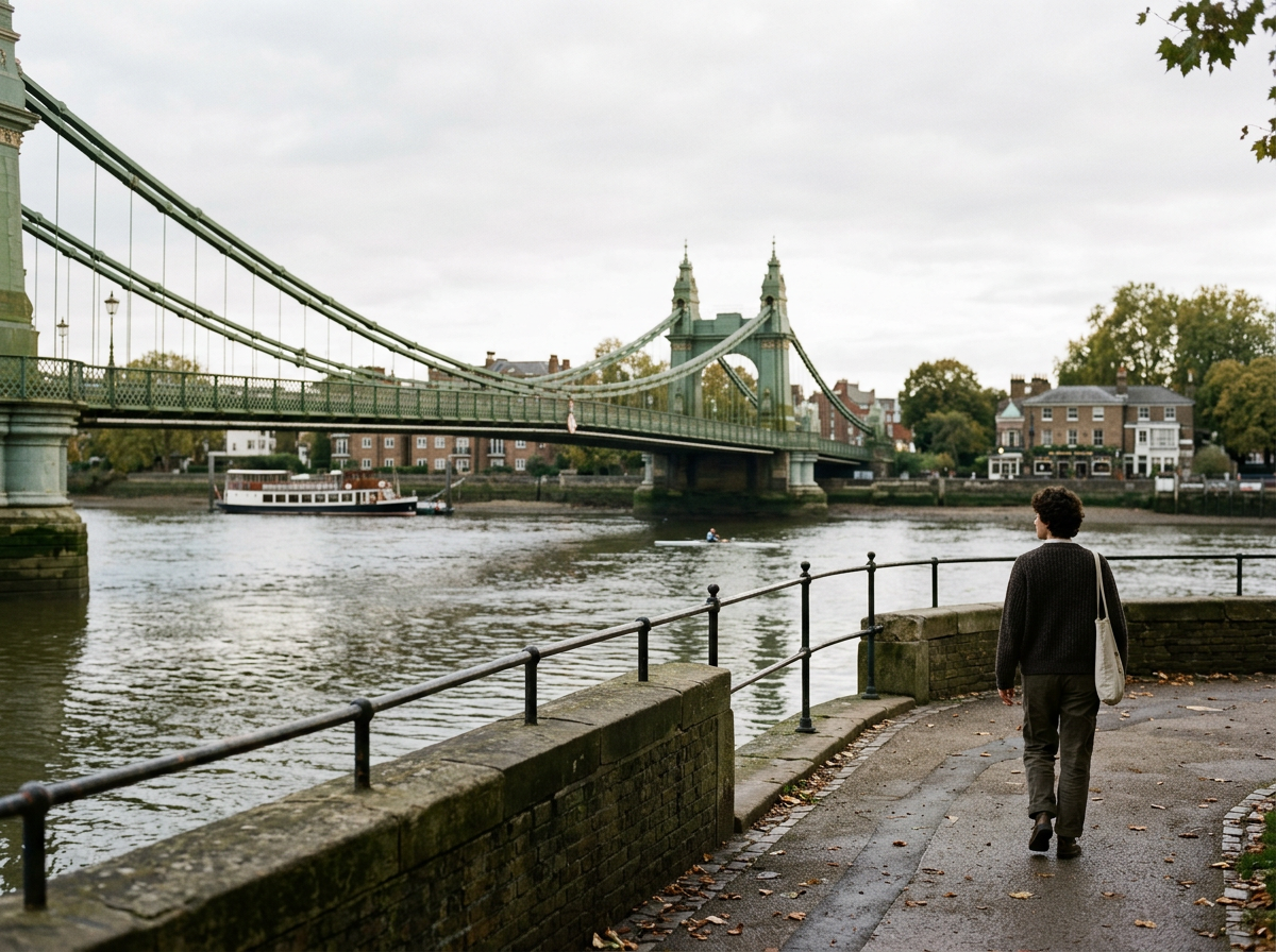A person walking along a riverside walkway with Hammersmith bridge over the river Thames in the background.