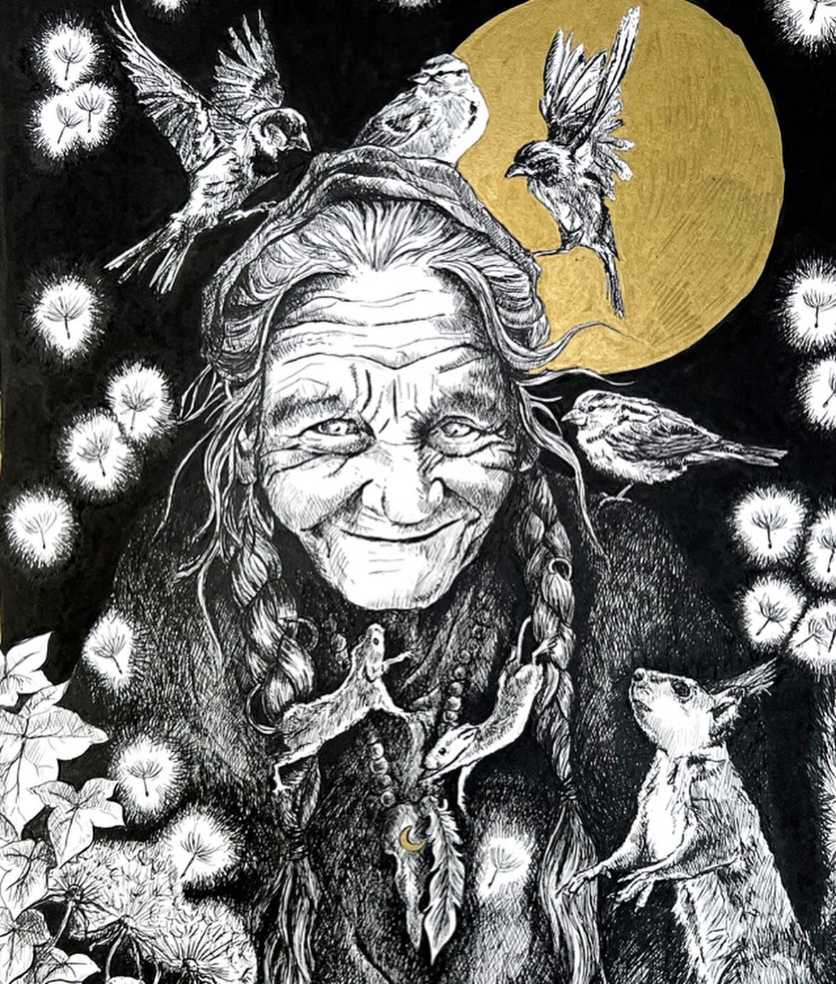 Grandmother Wish.
Pen and ink 

✨Limited Edition Prints ✨ now live on my website 🌙

A secret smile plays joyfully around wise, ancient lines ..

A whisper from a mouse ..

A private joke, just between them..?
Or a wish hushed with wishing &hellip; ?