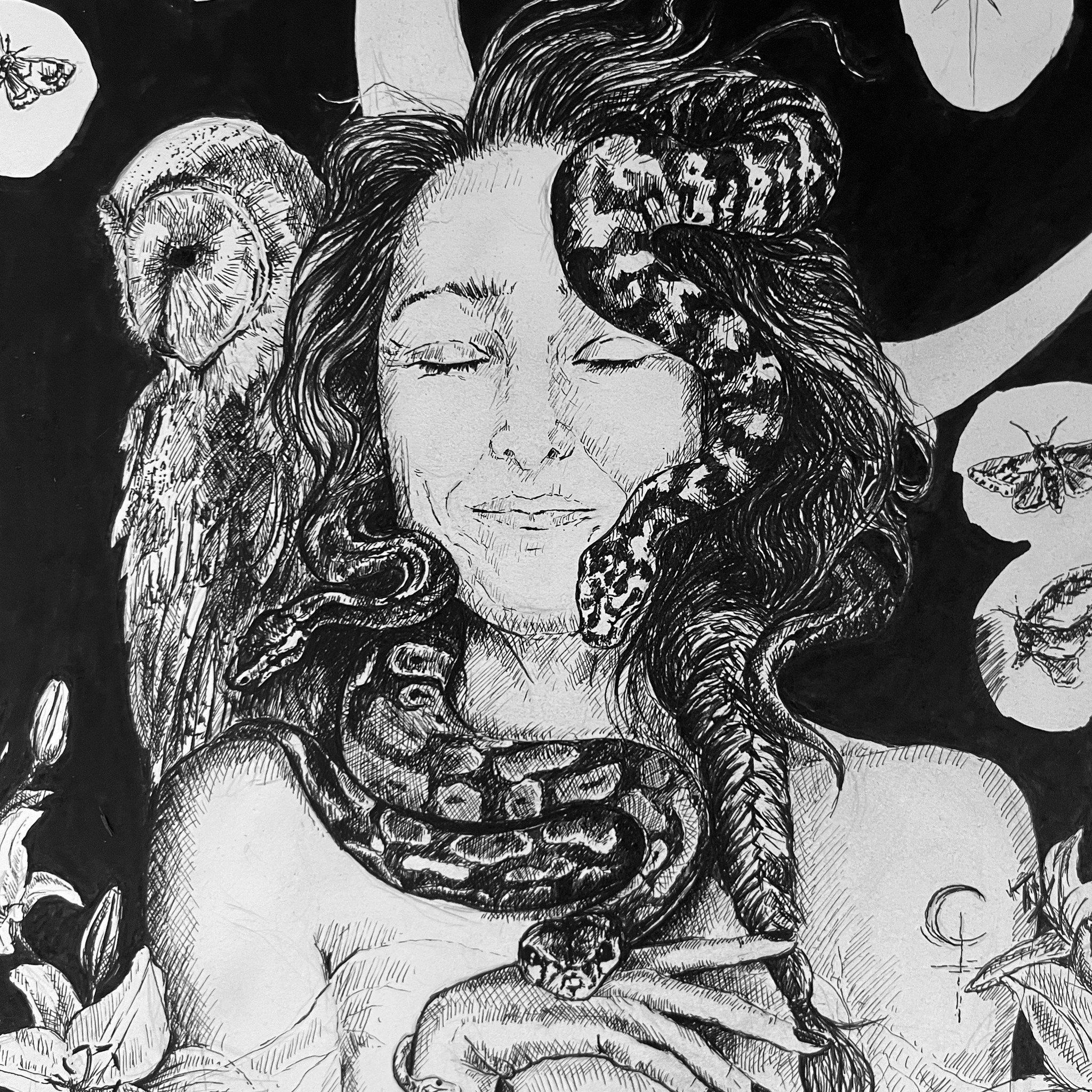 She&rsquo;s taking her time but Lilith is beginning to emerge.. 🐍🐍🐍🦉🌙✨✨

#lilith #snakes #lilithgoddess #goddessart #goddess #lilithart #witch #witchart #the_wolf_and_the_wild_things #art #drawing