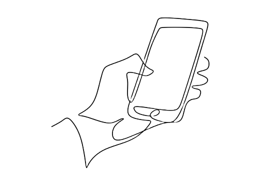 Line drawing of a hand holding a smartphone with a stylus, writing on the screen.