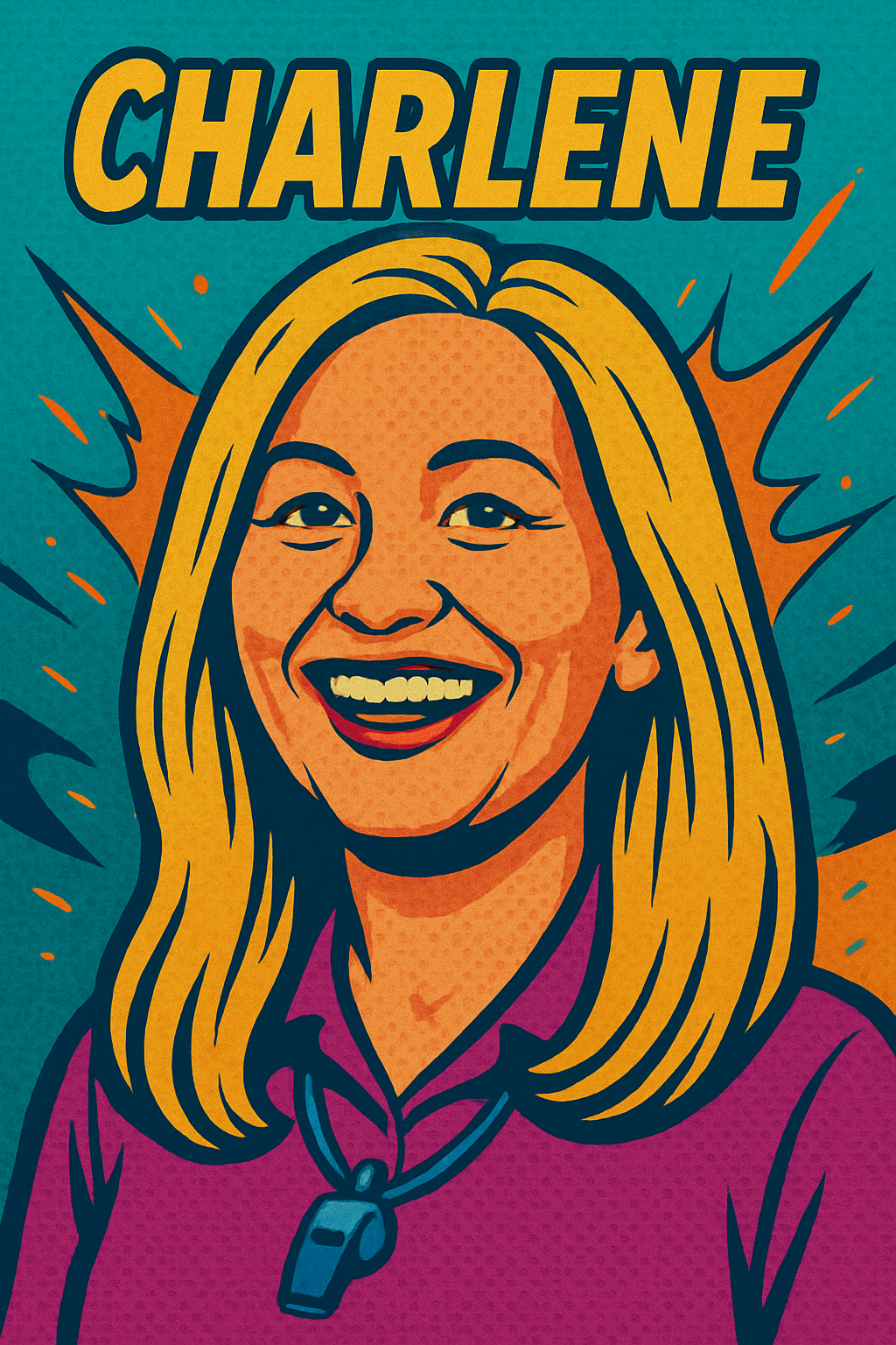 A colorful, cartoon-style illustration of a woman with blonde hair, smiling widely, with the name 'Charlene' in bold letters above her. She is wearing a purple shirt and a whistle around her neck.