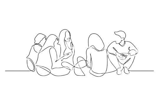 Line drawing of five people sitting together, with one person playing guitar.