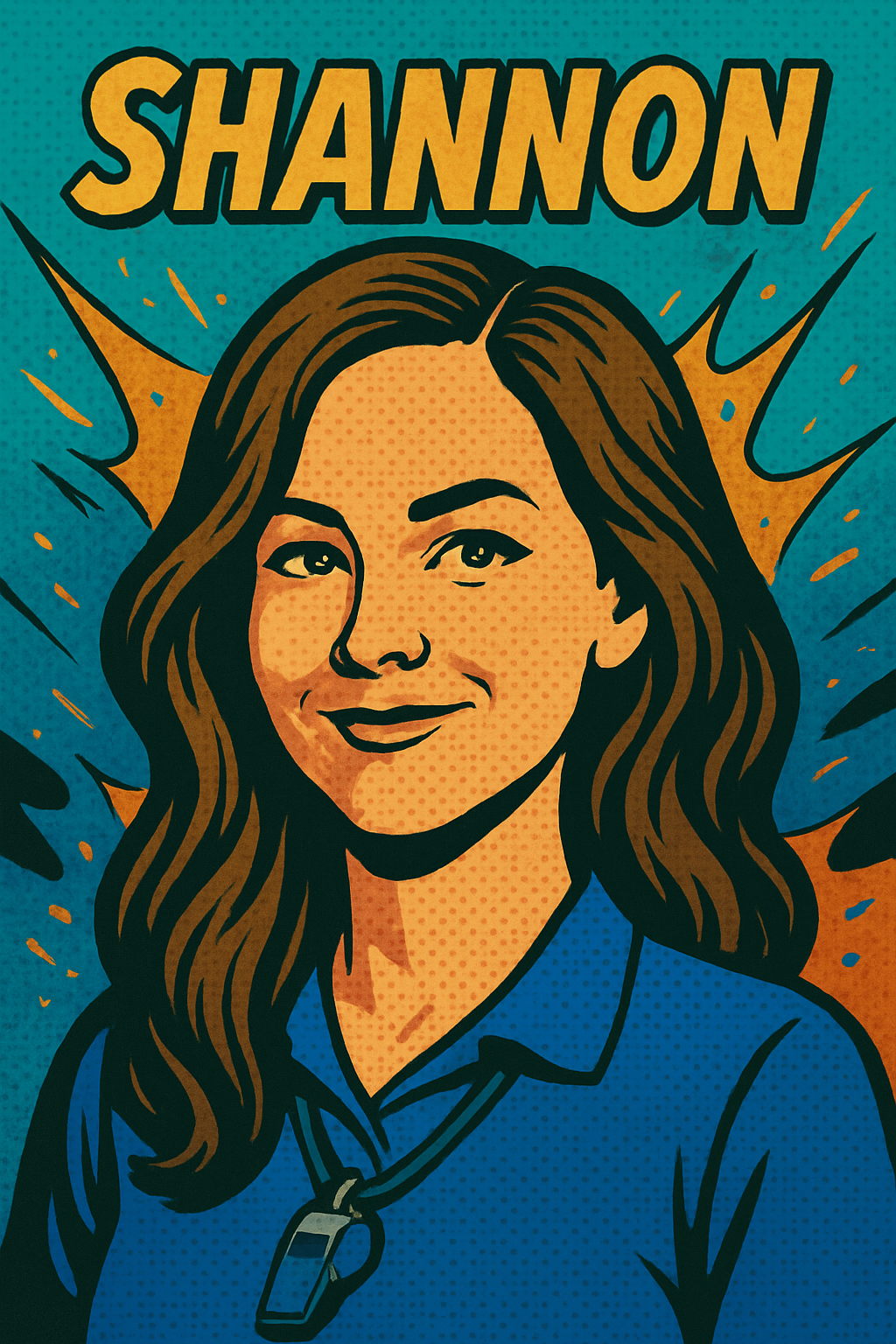 Illustration of a woman with long wavy hair, winking and smiling, wearing a blue shirt with a necklace, with the name 'Shannon' above her head in bold yellow letters, in a comic book style.