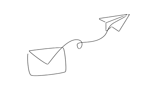 Outline drawing of an envelope with a paper airplane flying over it, connected by a string, symbolizing email or message delivery.