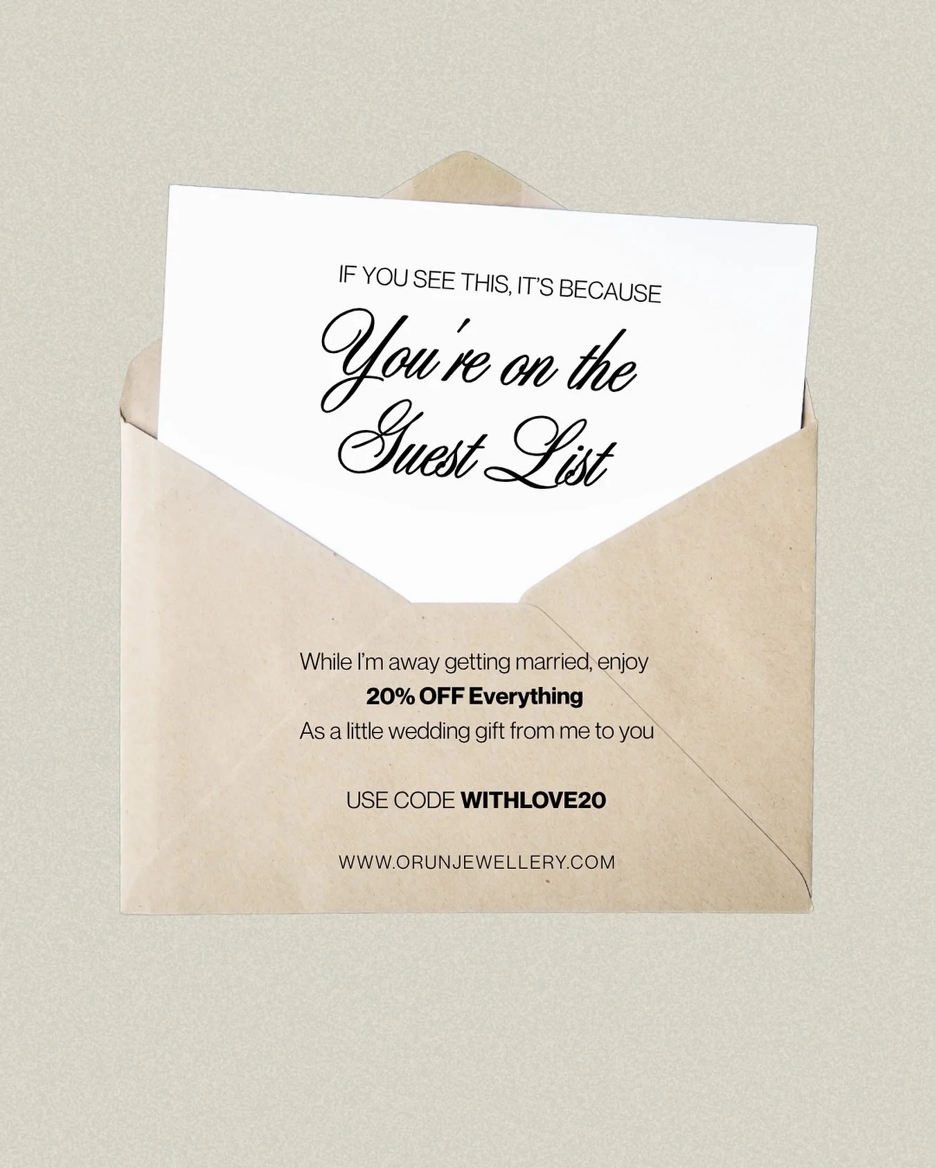 I&rsquo;m away getting married this week 🤍
To celebrate, I wanted to share a little love &mdash; enjoy 20% off everything while I&rsquo;m gone.
Use code WITHLOVE20 at checkout.
All orders placed after 14 October will ship from 24 October.