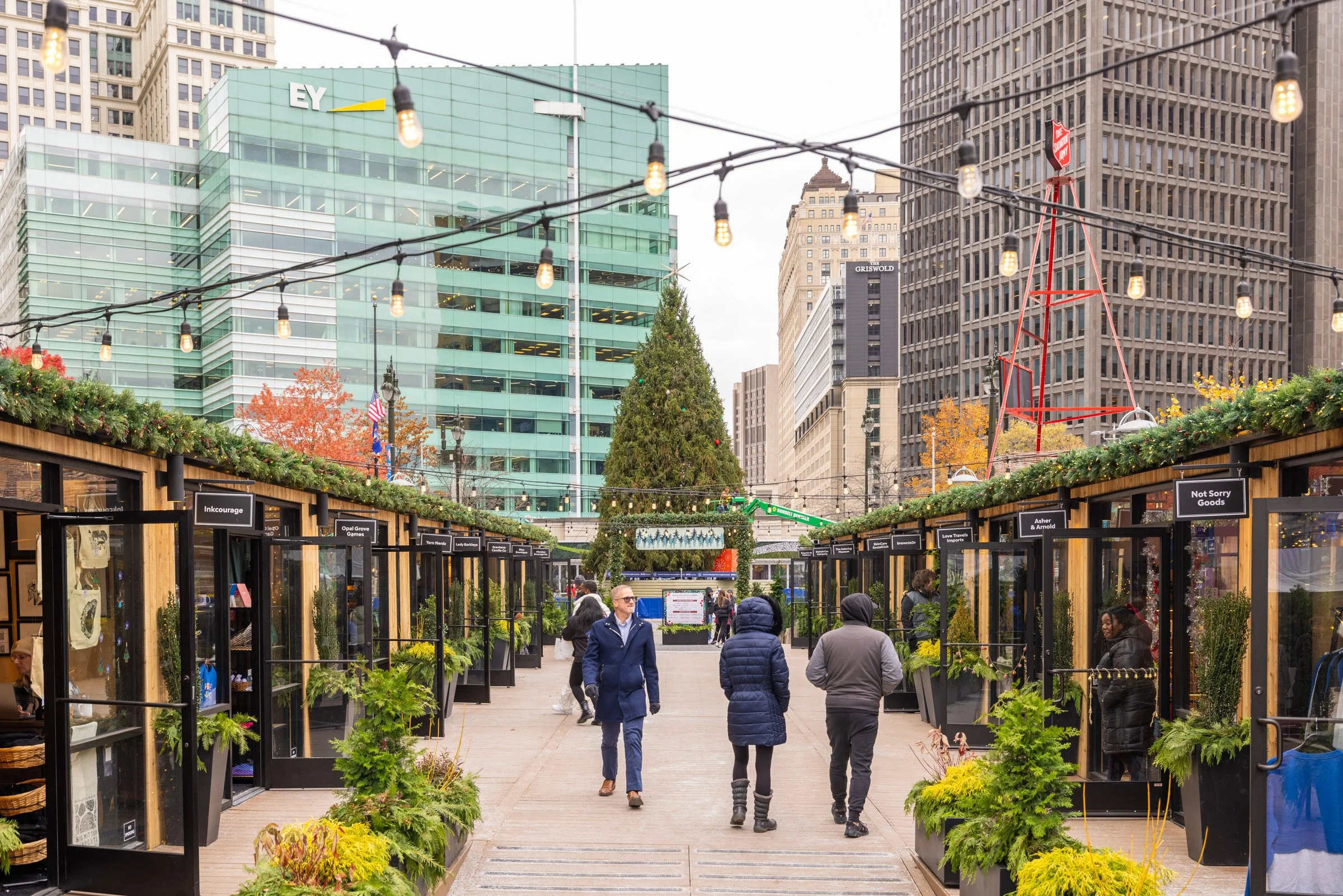 Exterior photo of the entrance to Cadillac Square, downtown Detroit.