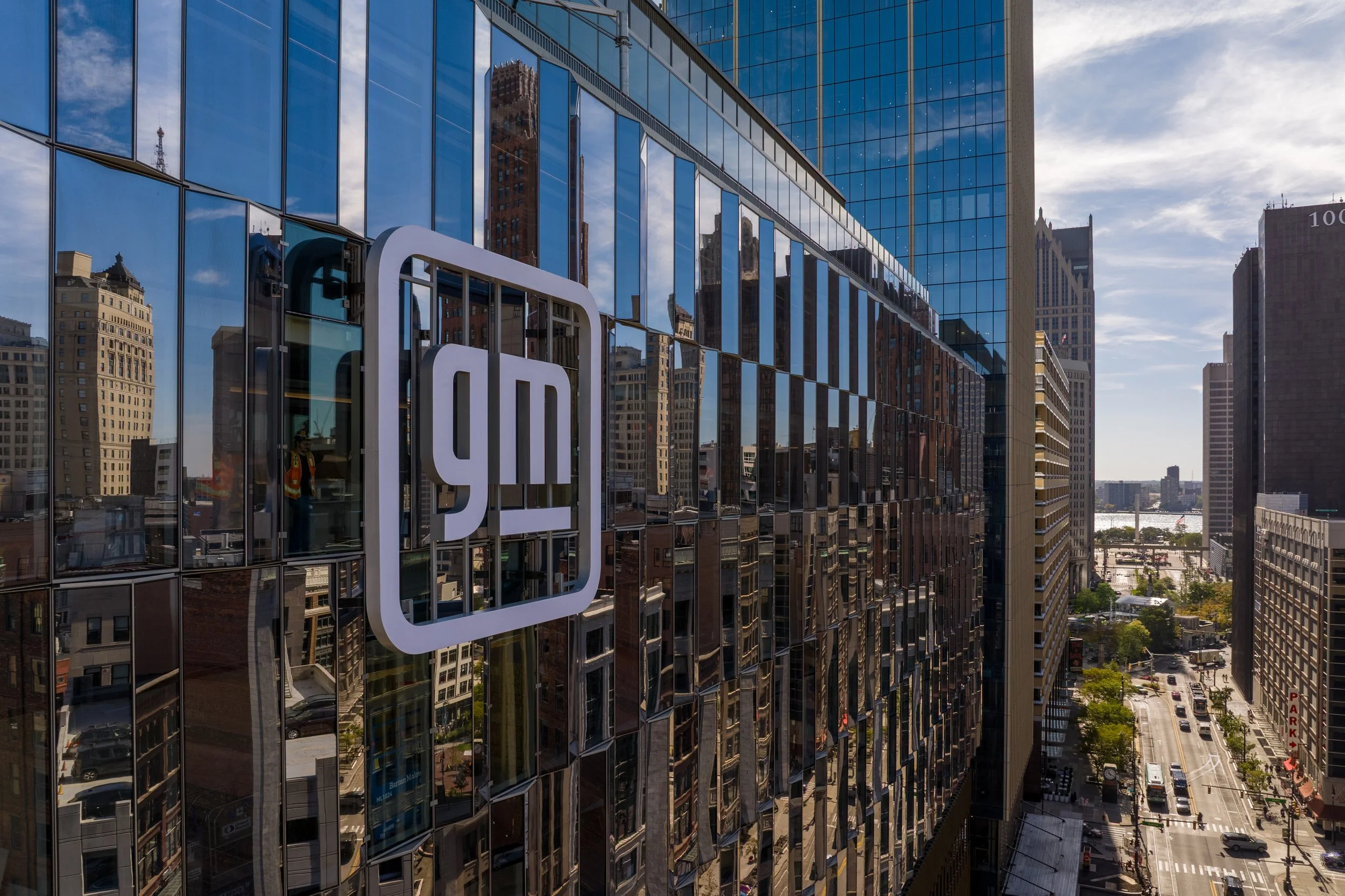 Exterior of the GM sign on Hudson's Detroit building in downtown Detroit.