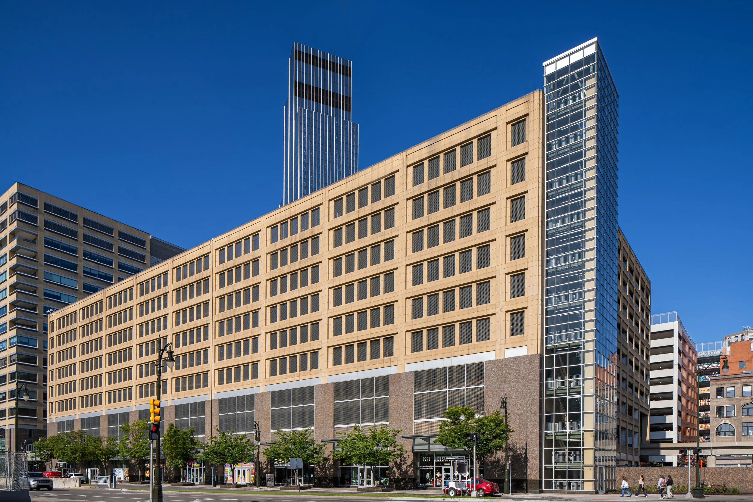Exterior photo of One Campus Martius Garage in Detroit.