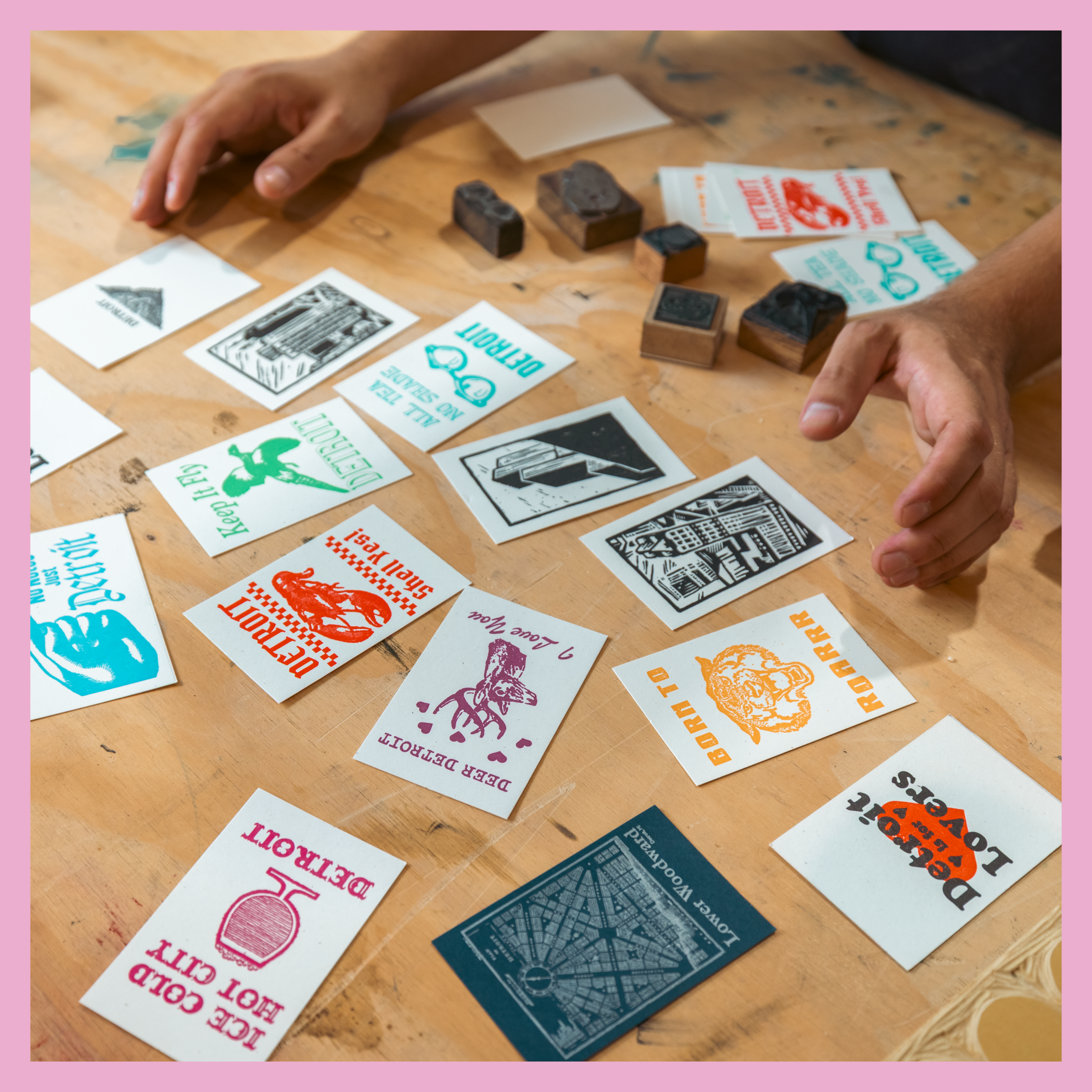 An overview of various mini prints from the vending machine at Nick Gilbert Way in downtown Detroit.