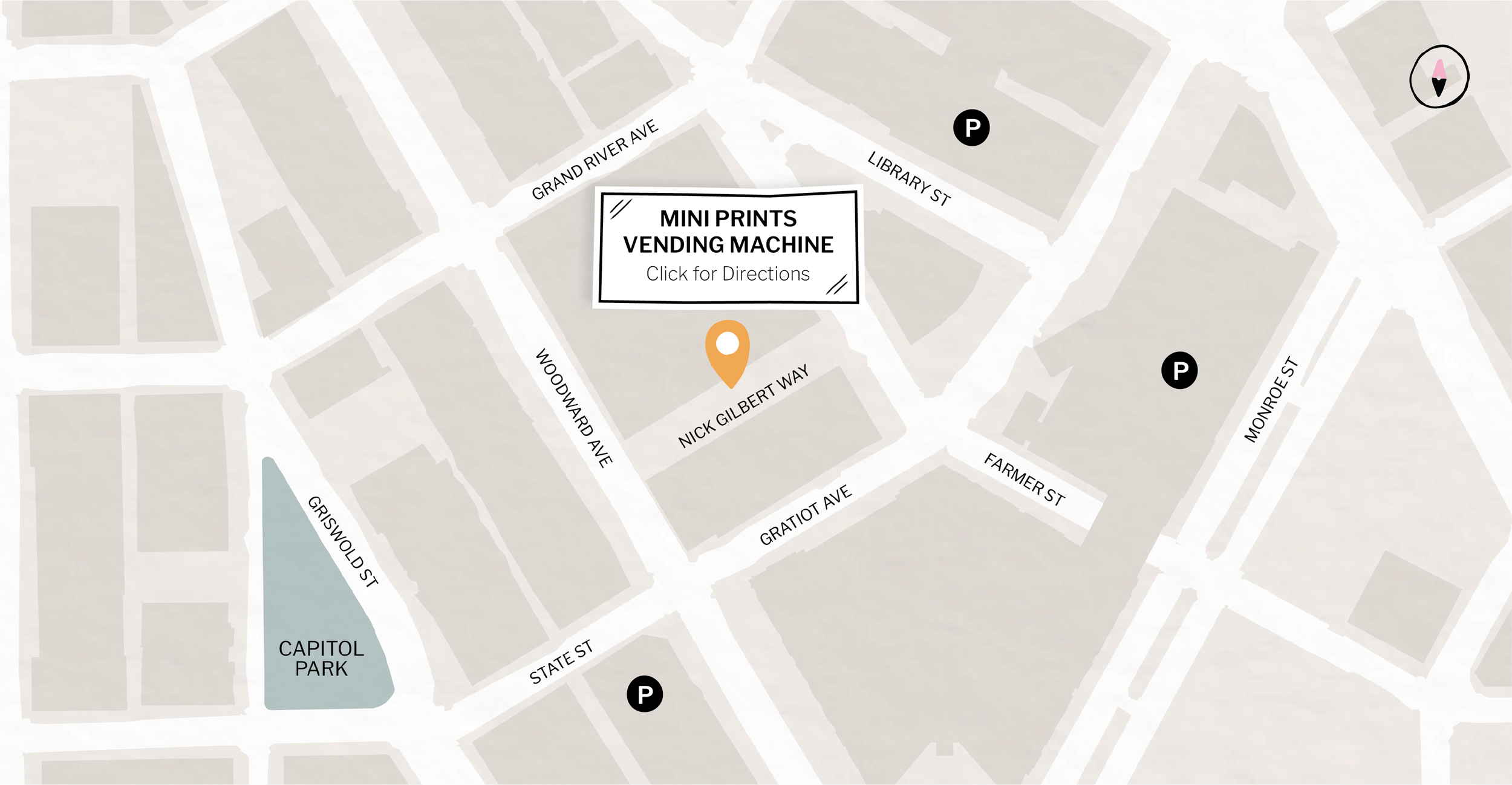 Graphic of Mini Print Vending Machine location at Nick Gilbert Way, with copy directing users to directions.