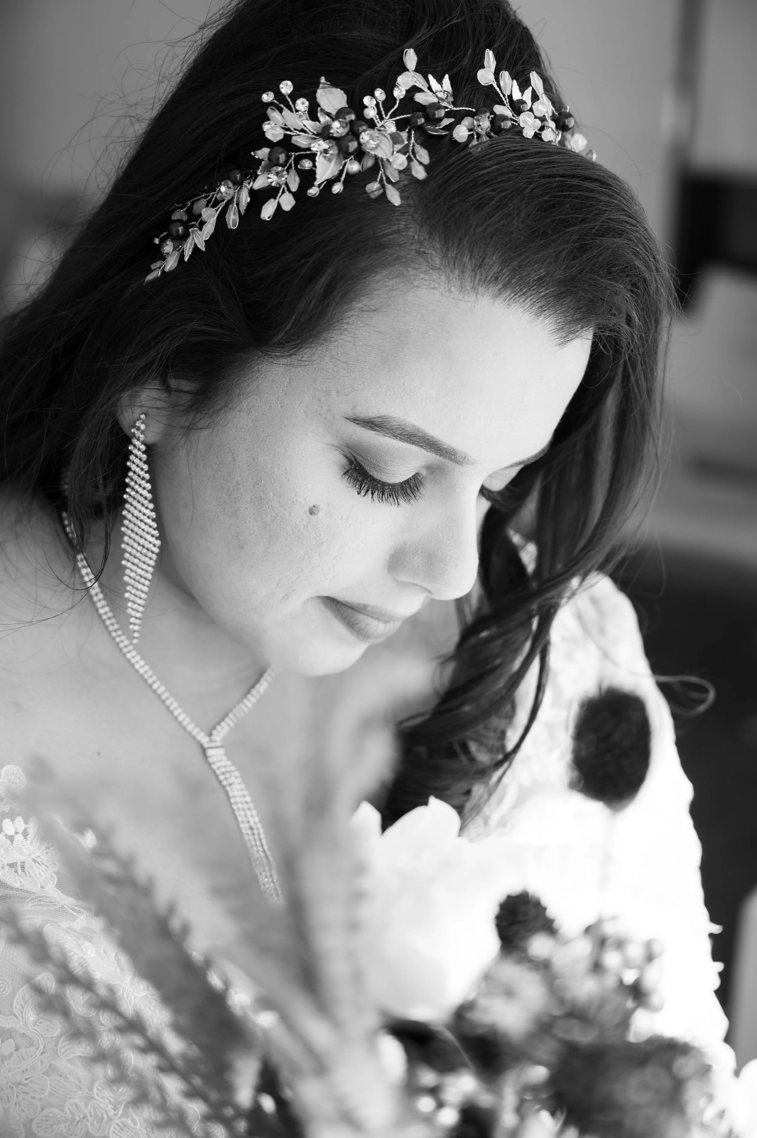 Bride holding her bouquet in a quiet, intimate moment before the ceremony at Vaughan City Hall