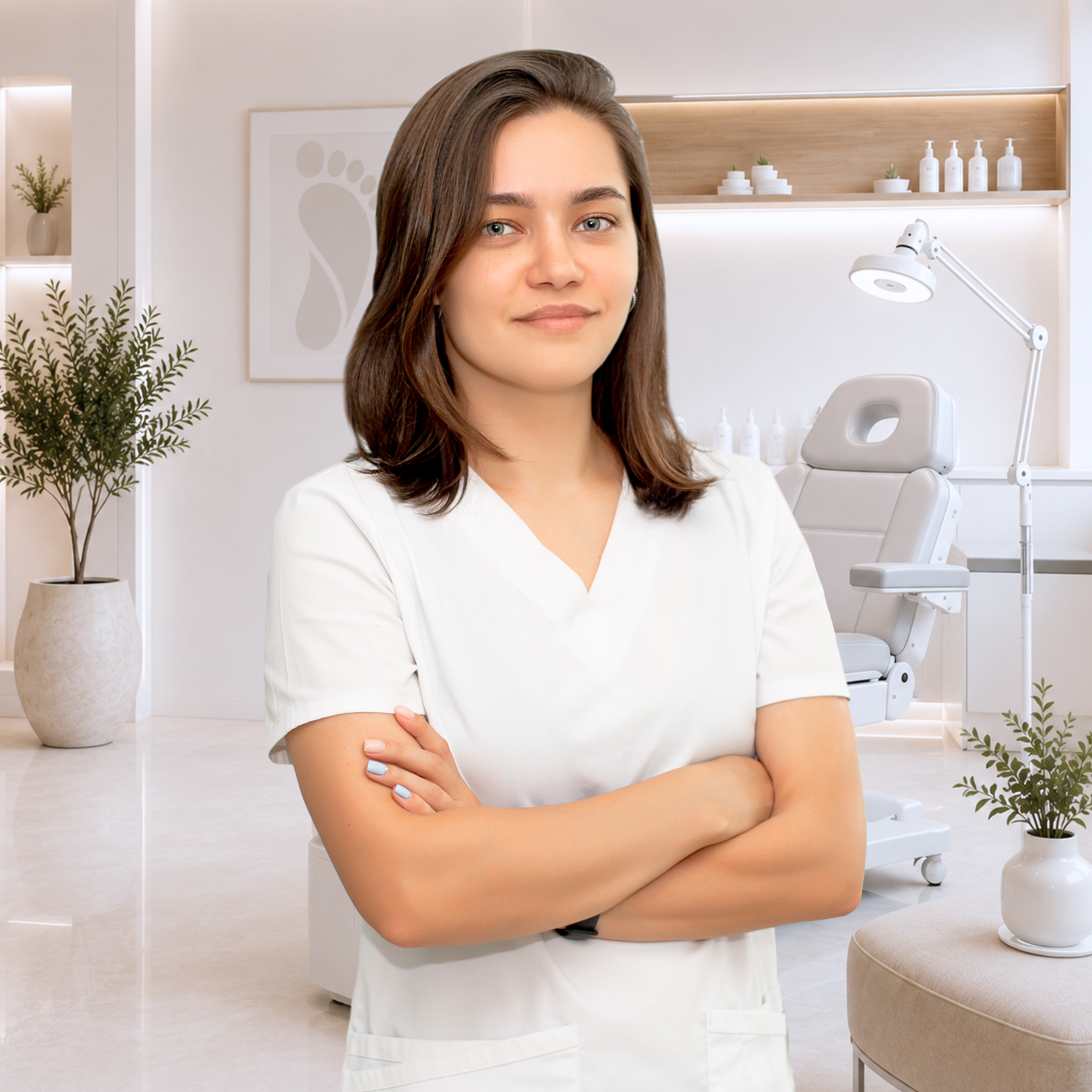 A woman in a white medical uniform standing with her arms crossed in a modern, clean medical or dental clinic. Behind her are shelves with bottles and containers, a framed art piece, a potted plant, and a medical examination chair with a lamp.