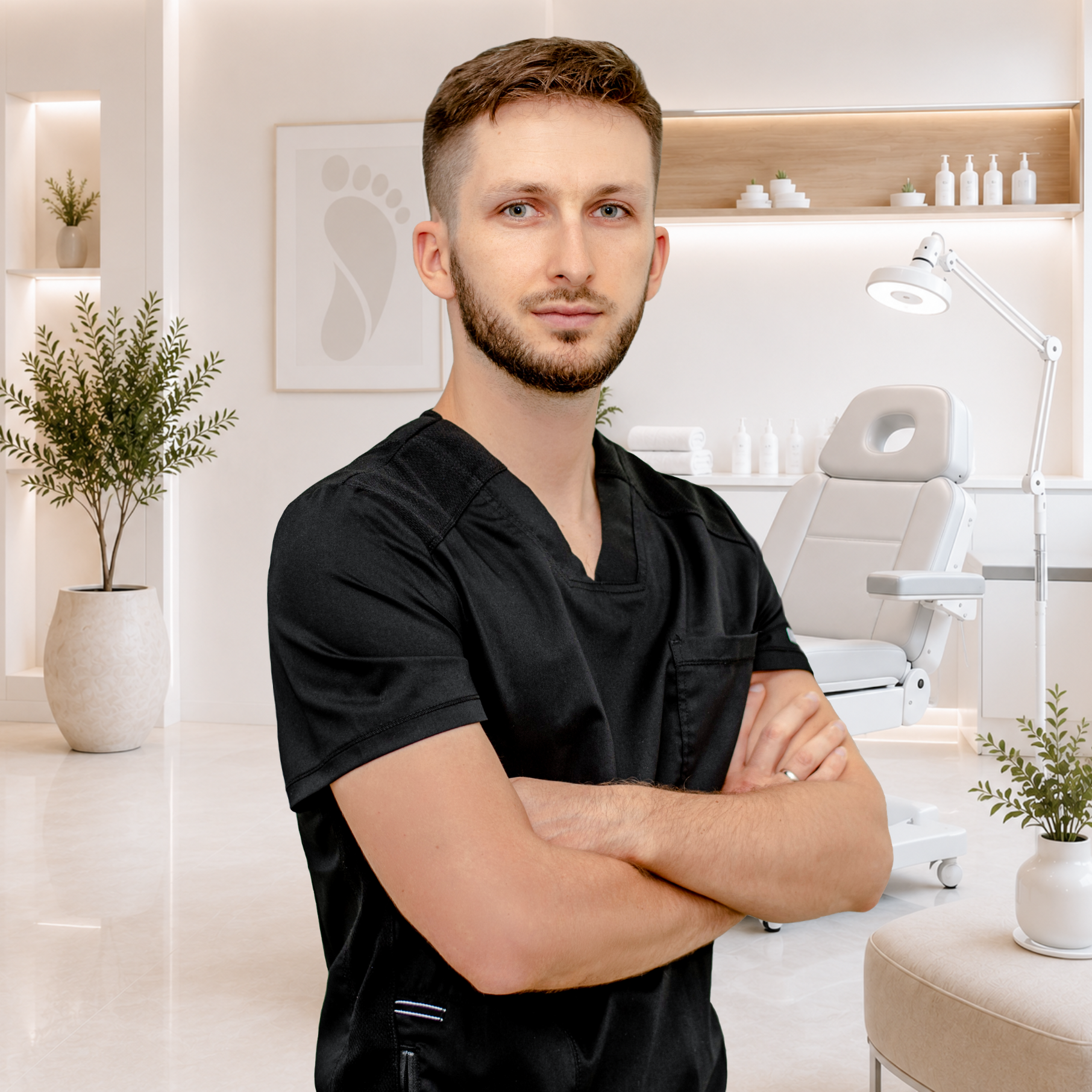 A young man with light brown hair and a beard, wearing a black medical scrub top, standing with arms crossed in a clean, modern medical or dental office with white walls, plants, and medical equipment.