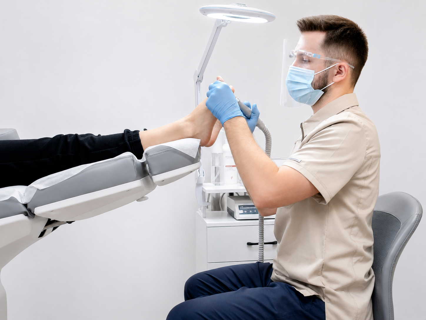 A medical professional wearing a face mask, face shield, and blue gloves is examining a patient's foot in a clinical setting. The patient is lying back on a medical chair.
