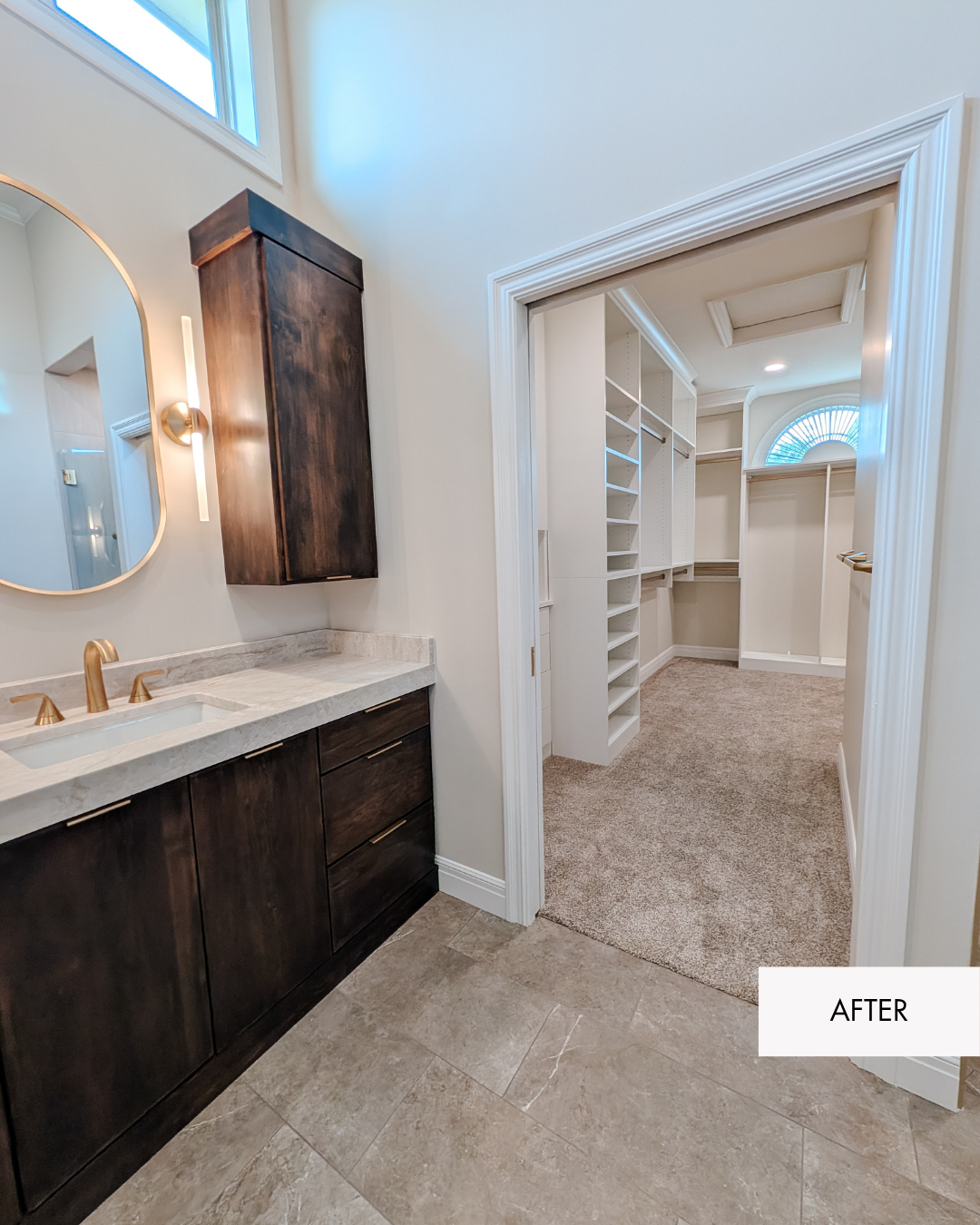 Expanded primary closet created by reworking the bathroom floor plan