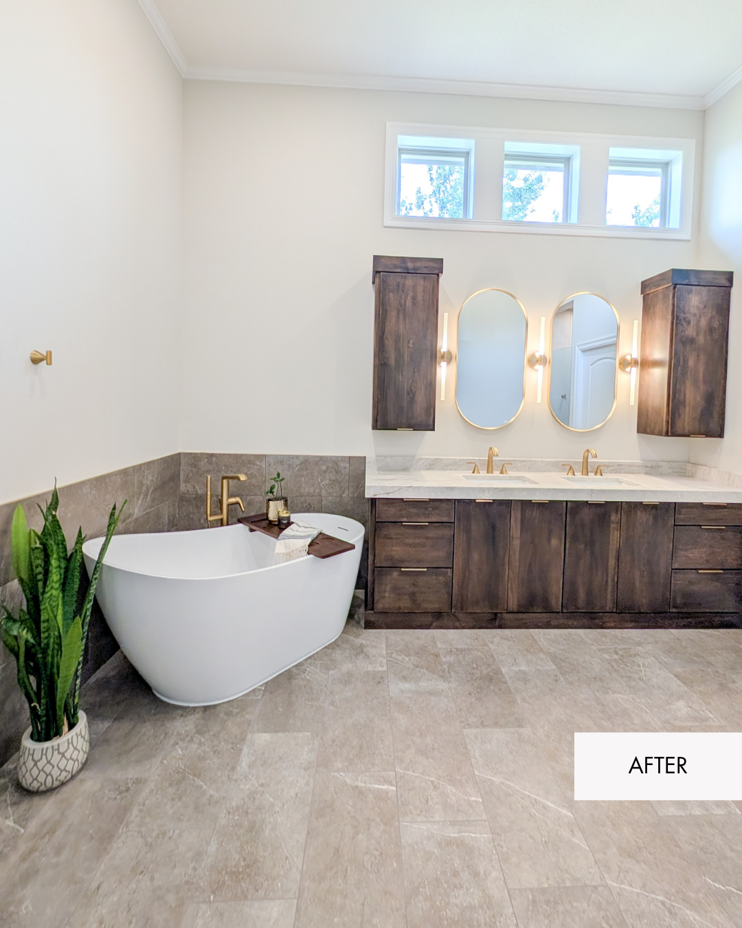Completed Lee’s Summit bathroom retreat remodel with custom cabinetry, soaking tub and warm neutral finishes