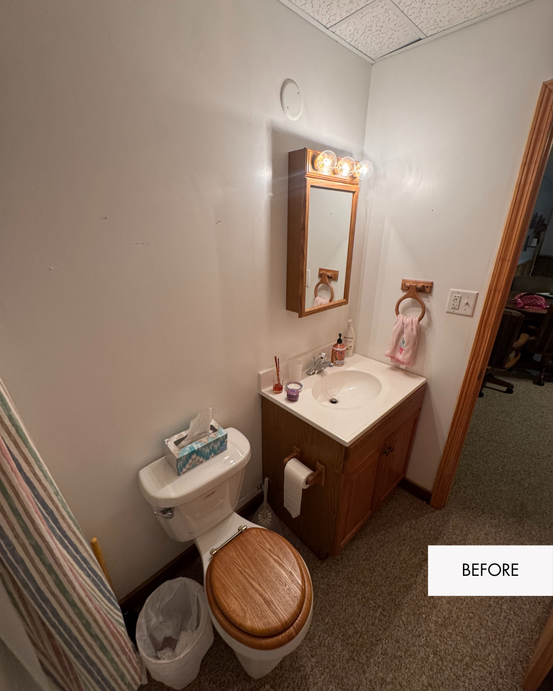 Basement bathroom before remodel in Grain Valley MO with dated finishes in log cabin home
