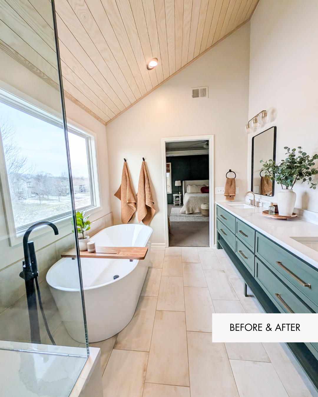 Before and after Lee’s Summit spa bathroom remodel with freestanding tub and green vanity
