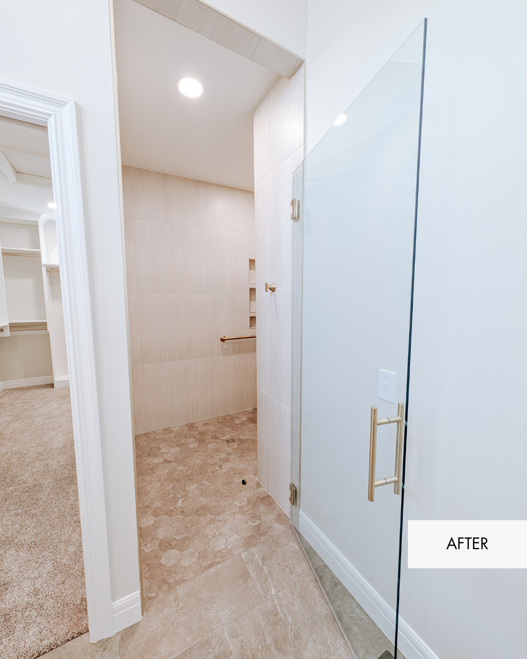 Walk-in shower created in the footprint of the former second vanity