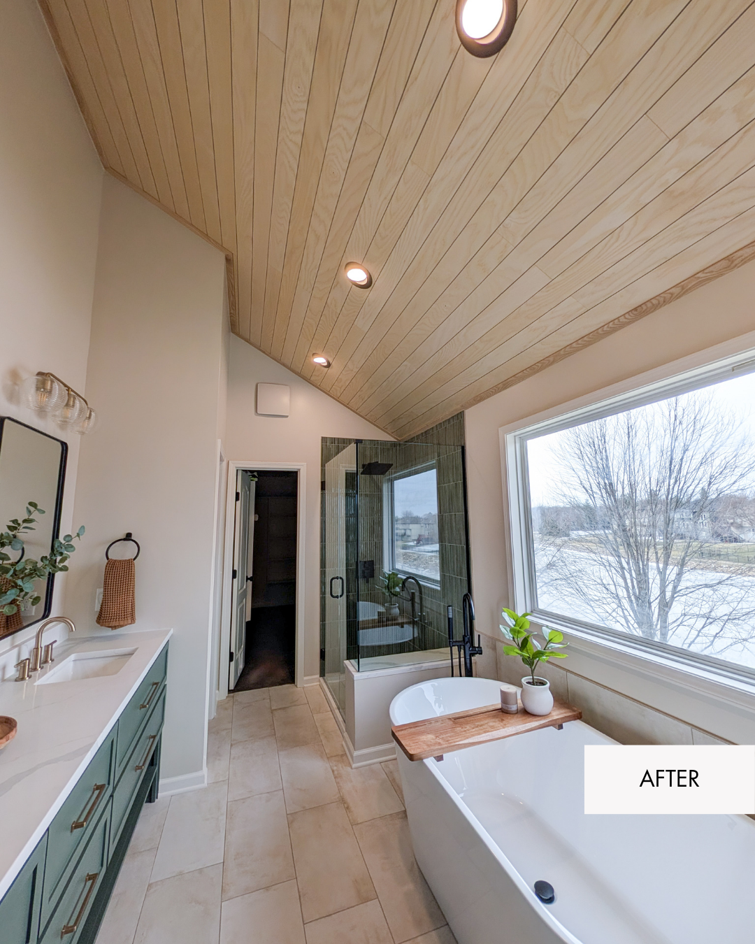 After photo of freestanding tub, wood ceiling, and glass shower in spa bathroom remodel