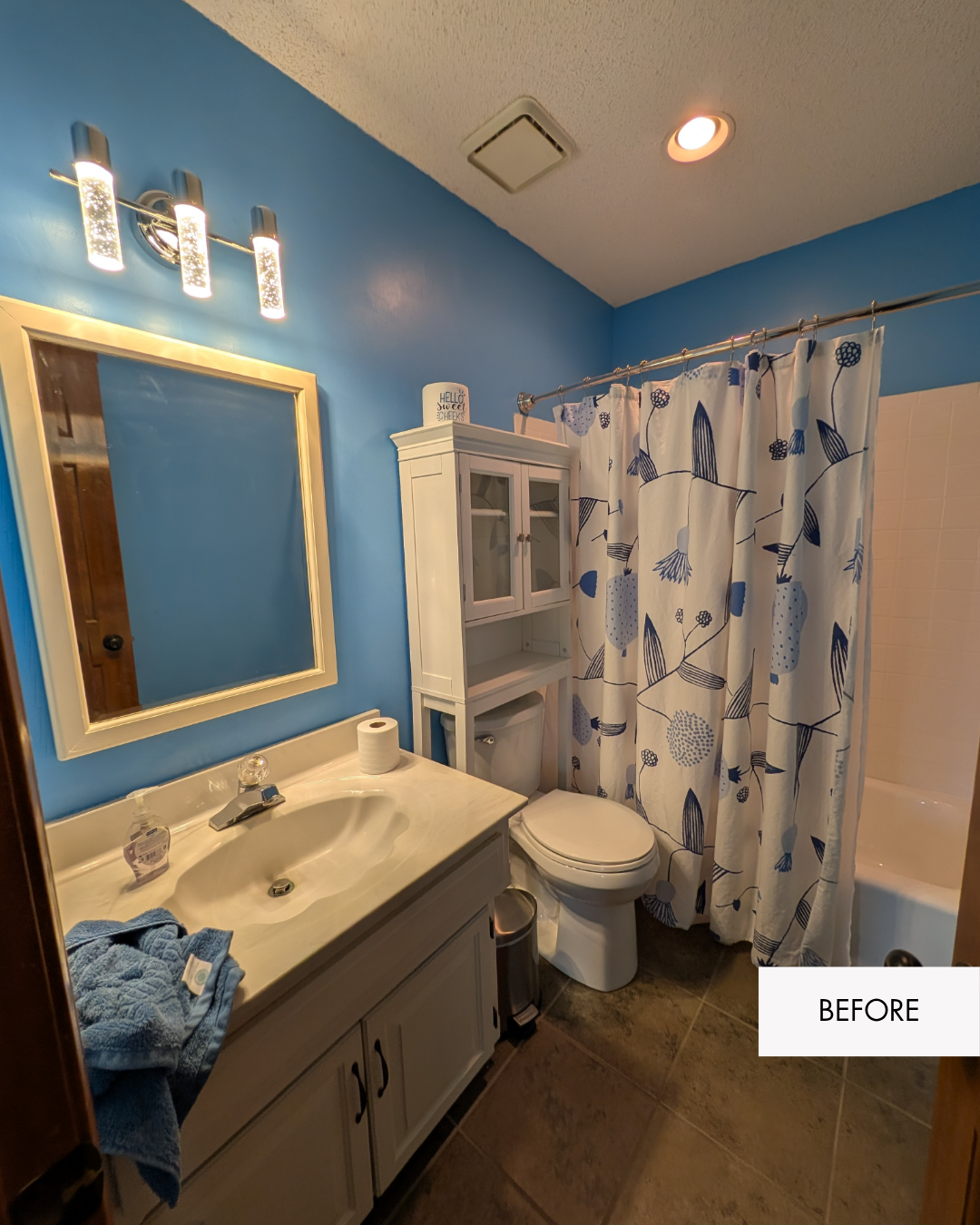 Lee's Summit Hall bathroom before remodel with blue walls and dated finishes that felt disconnected from the rest of the lake house