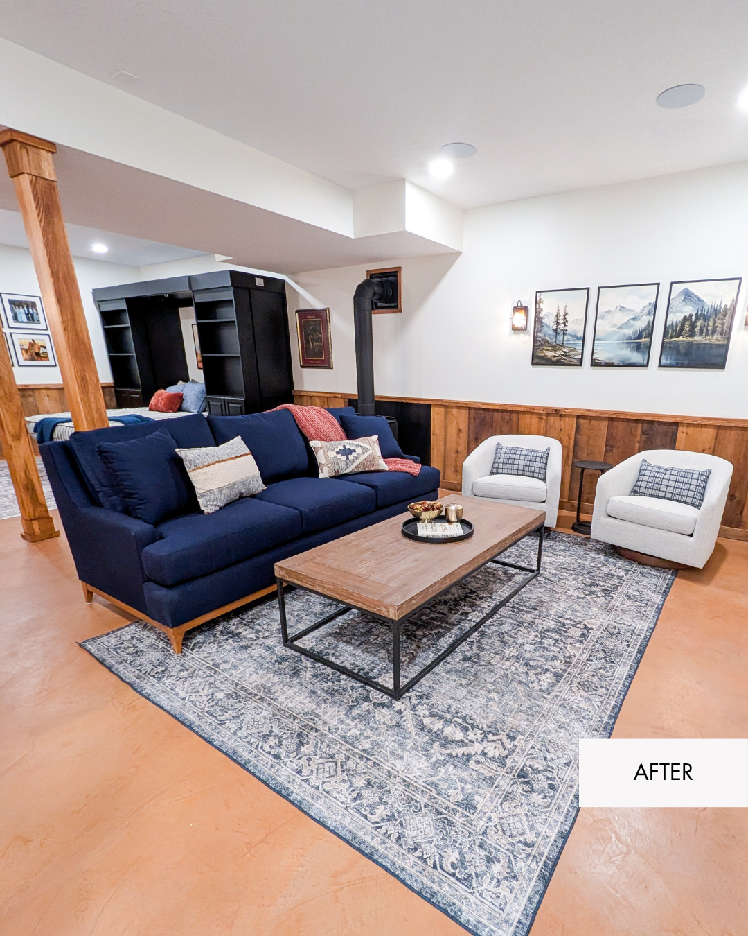 Finished modern cabin basement remodel in Grain Valley Missouri with concrete overlay flooring and custom details