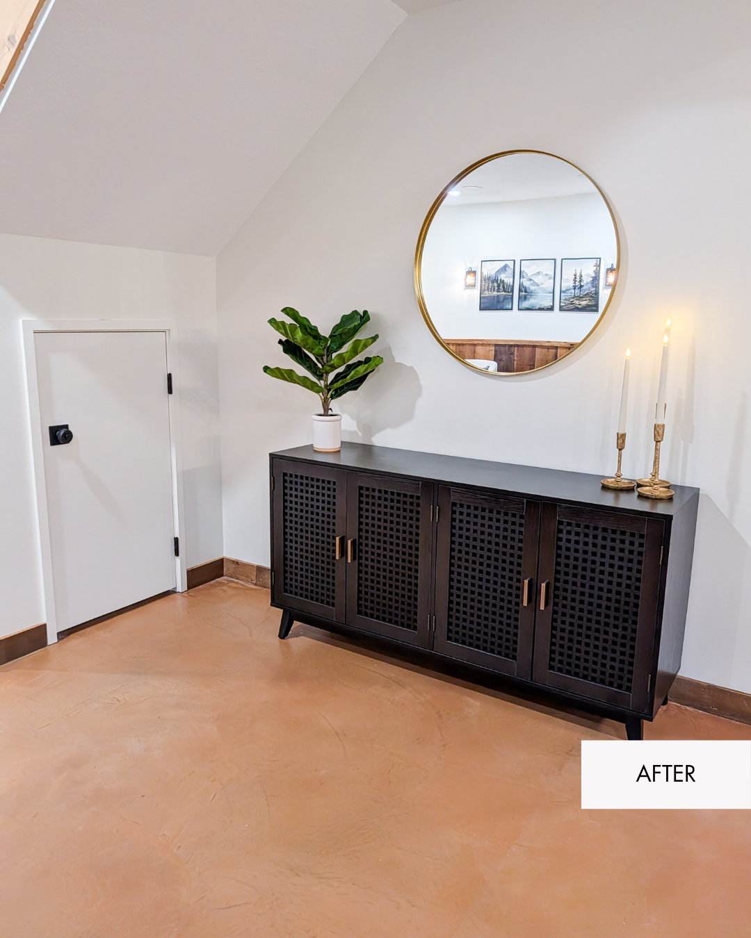 Copper-toned concrete overlay flooring in finished basement remodel in Grain Valley MO