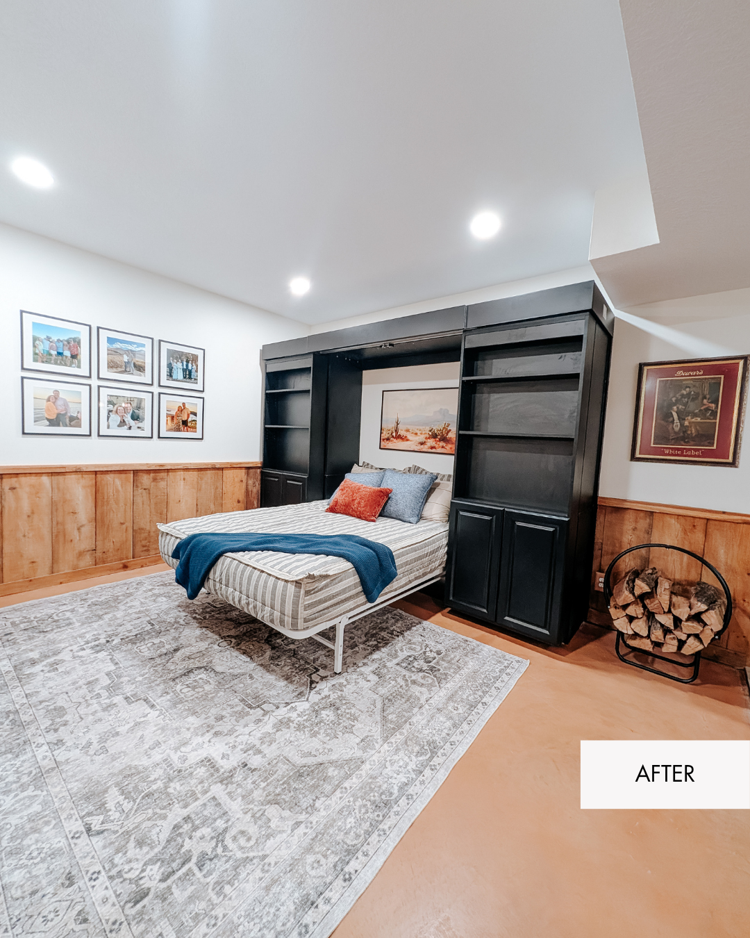 Basement guest bedroom with custom Murphy bed and built-in storage in Grain Valley Missouri