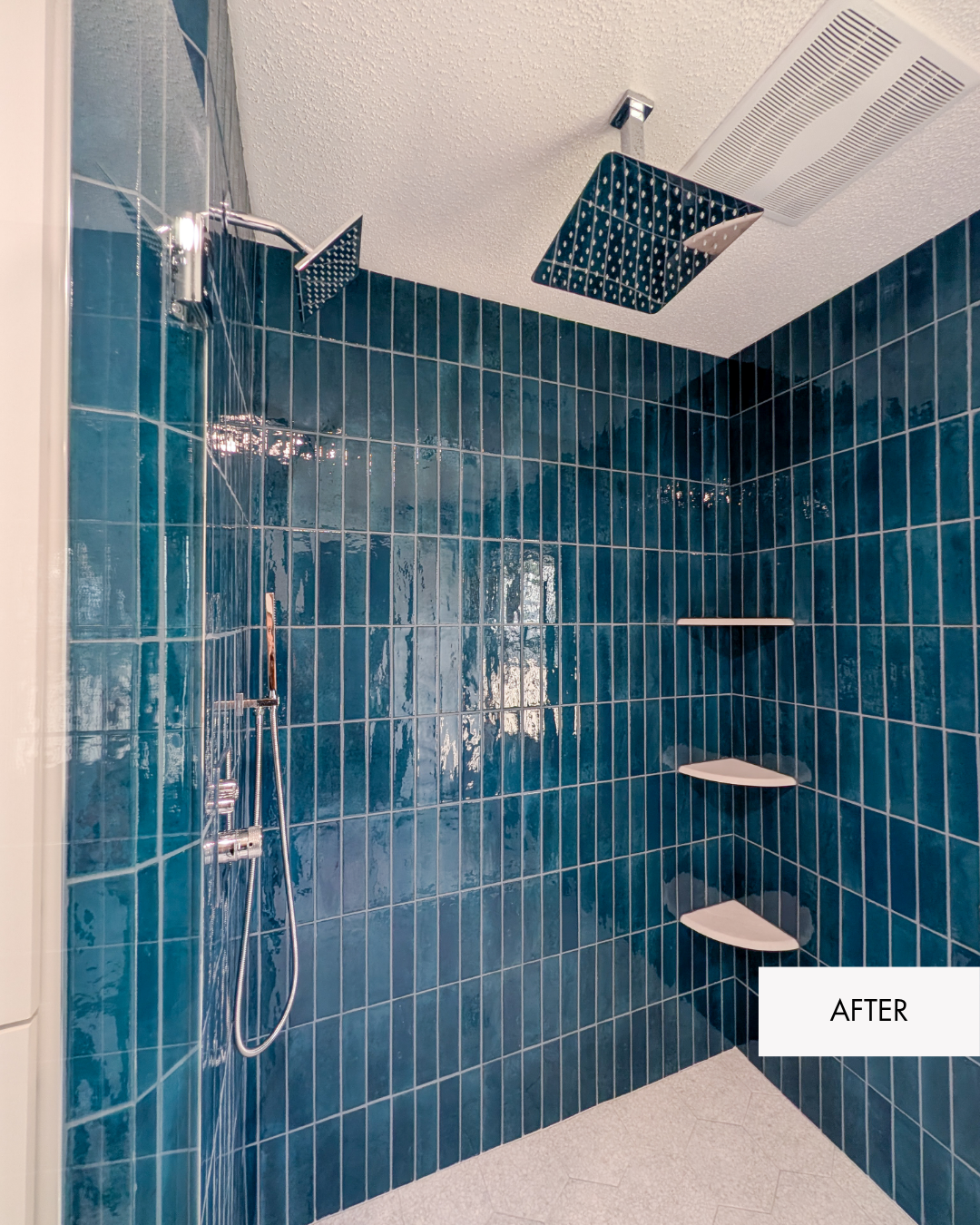 Lee's Summit primary shower remodel with mid century modern style, blue tile, hexagon floor tile, rain shower head and corner shelves