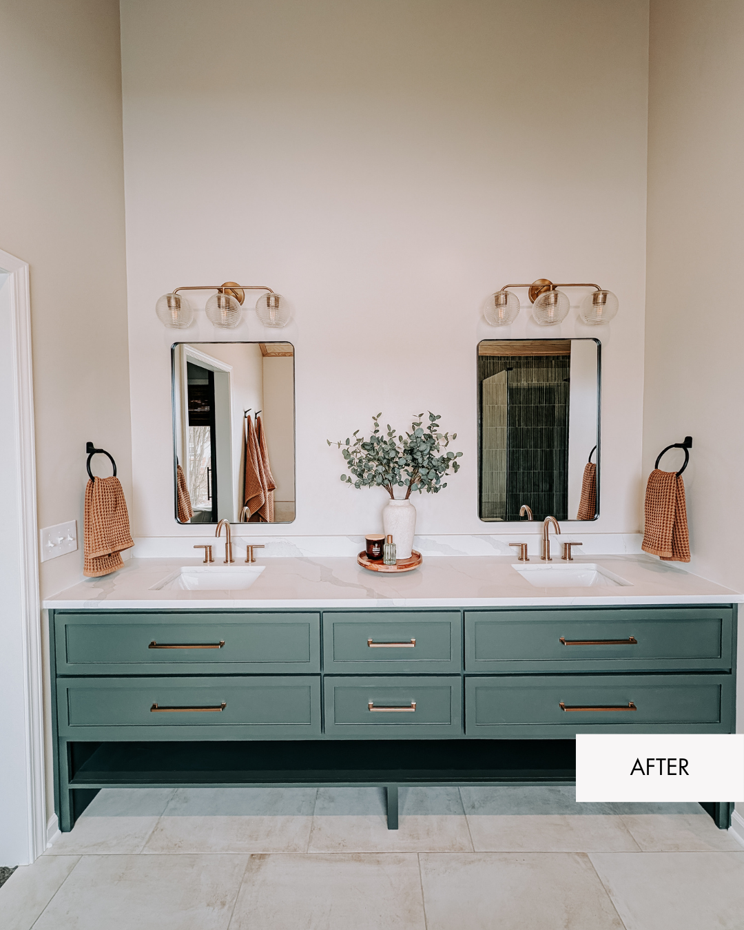 Green bathroom remodel in Lee’s Summit MO with Rosemary Sage green double vanity