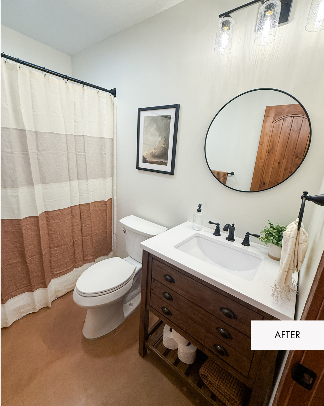 Remodeled basement bathroom in Grain Valley MO with updated finishes and modern cabin style view with shower curtain
