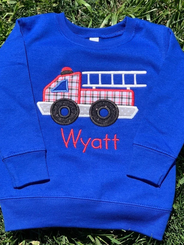 Custom Embroidered Youth Fire Truck Appliqu&eacute; #embroidery #kids #applique #EosAndFlora #ootd