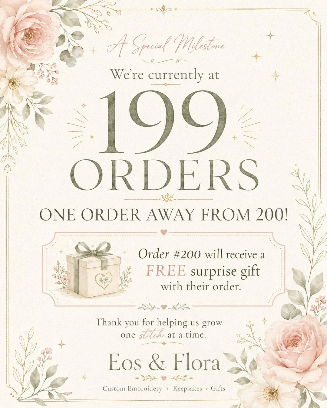 We can hardly believe it...
Eos &amp; Flora is currently sitting at 199 website orders 💚 That means we're just 1 order away from #200!

To celebrate this milestone, the customer who places Order #200 will receive a special surprise gift with their o