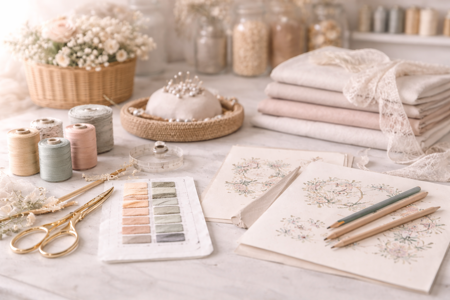 Workshop table with embroidery supplies