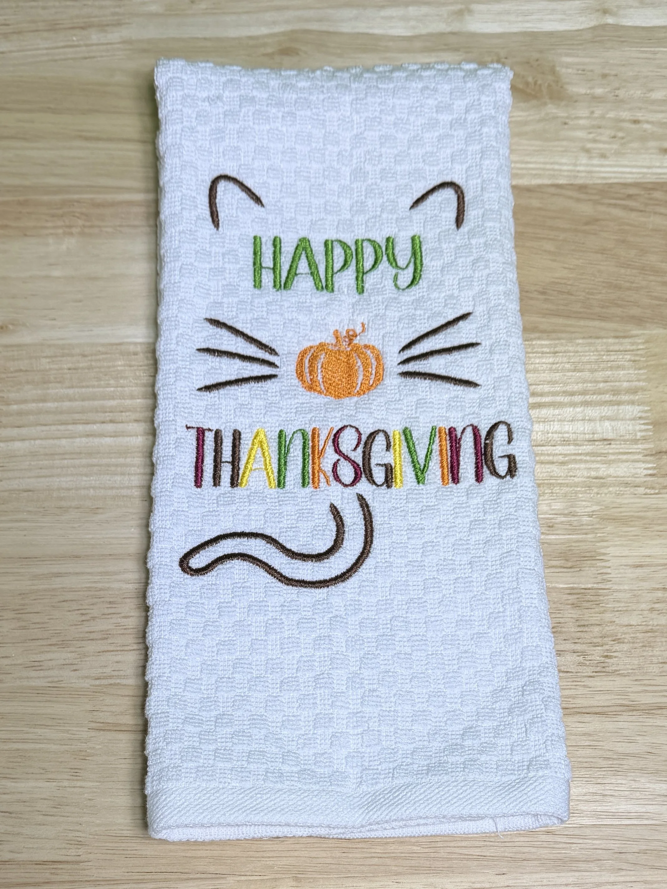 Happy Thanksgiving Cat Embroidered Kitchen Towel